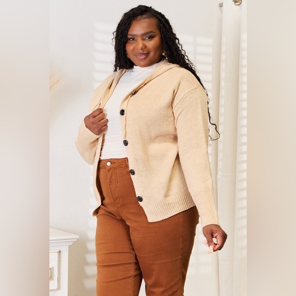 Woven Right Button-Down Long Sleeve Hooded Sweater - Picture 3 of 8